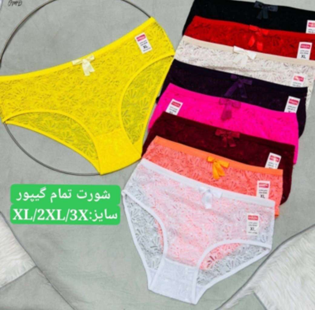 شورت توری زنانه تمام گیپور لایه دار طرح گلدار سایز سه ایکس لارج کمر ۵۰ تا ۵۲